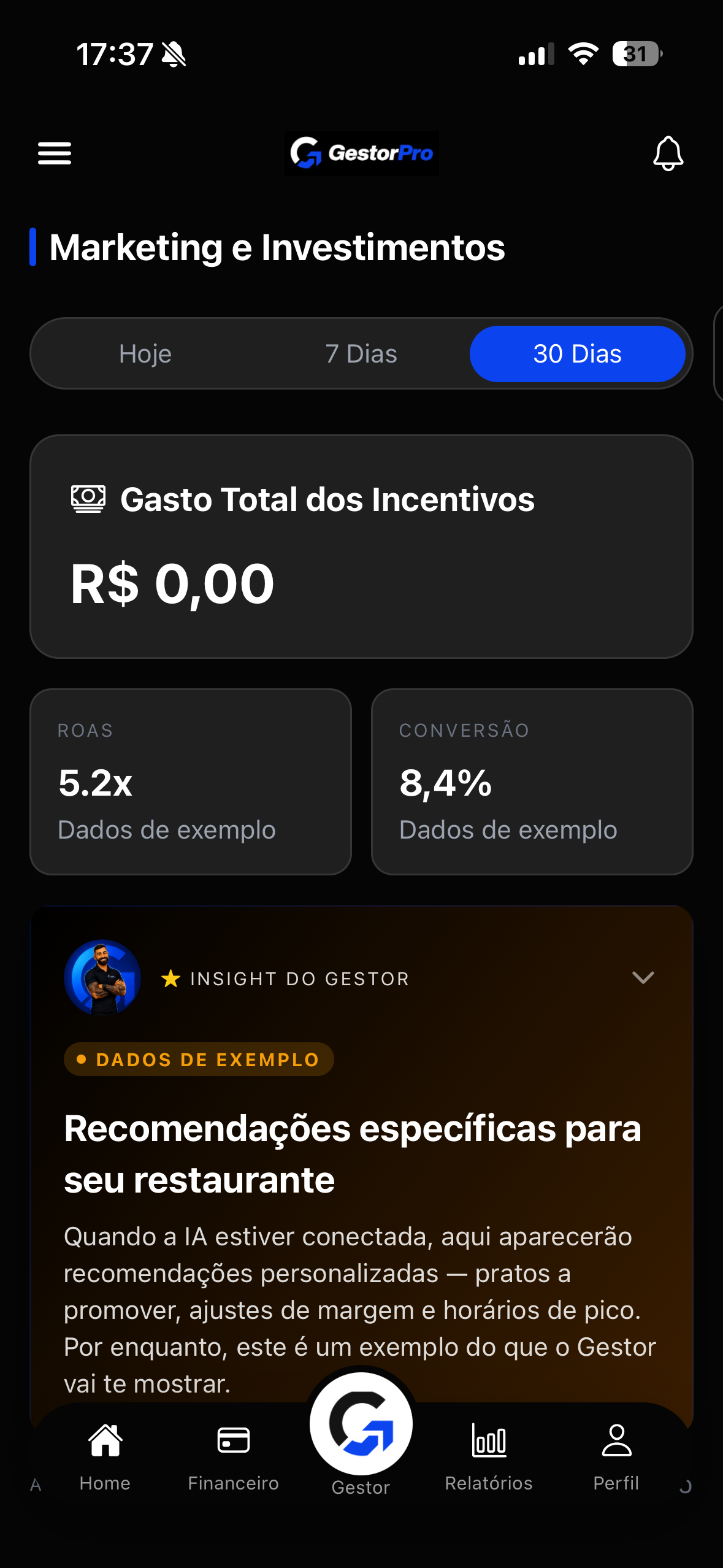 Painel de marketing do GestorPro