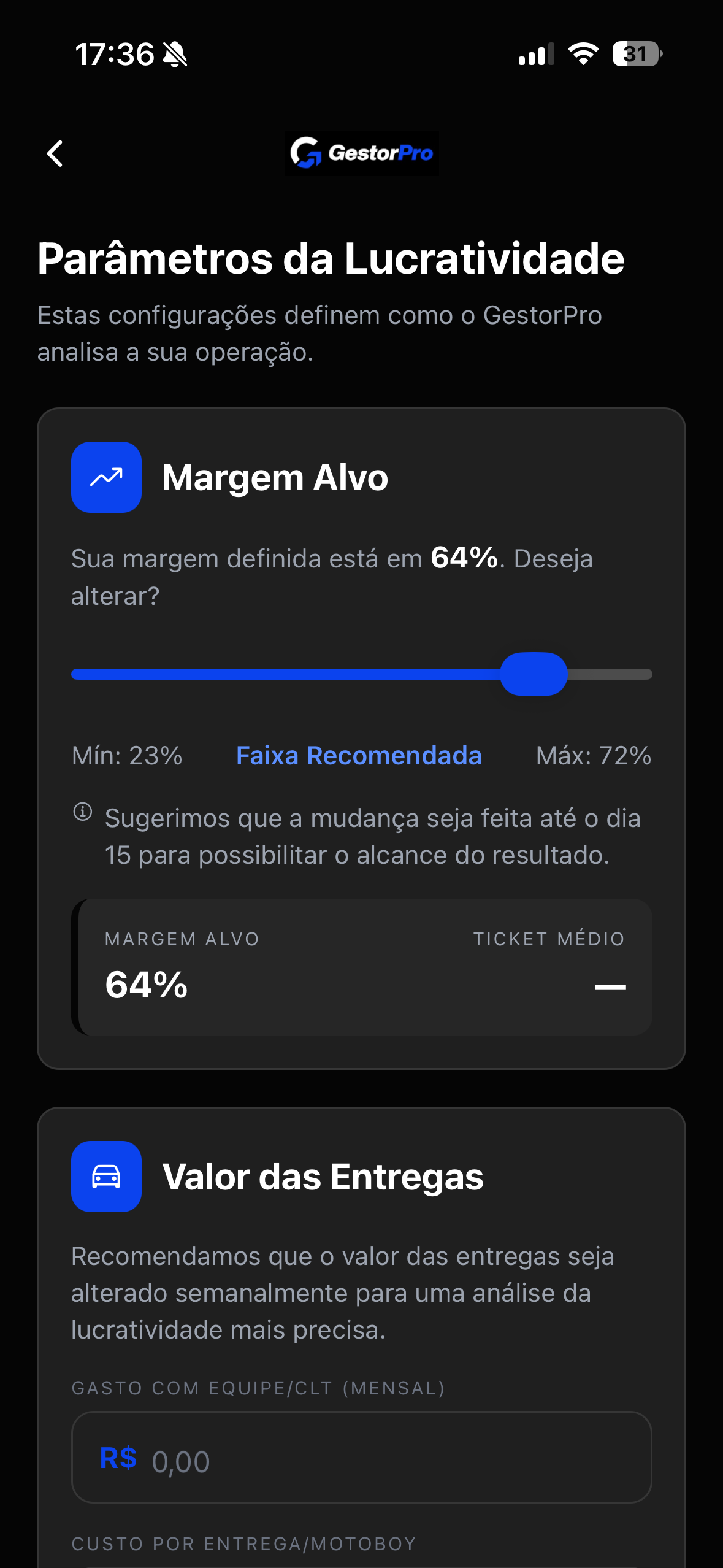 Parâmetros de meta de lucro do GestorPro